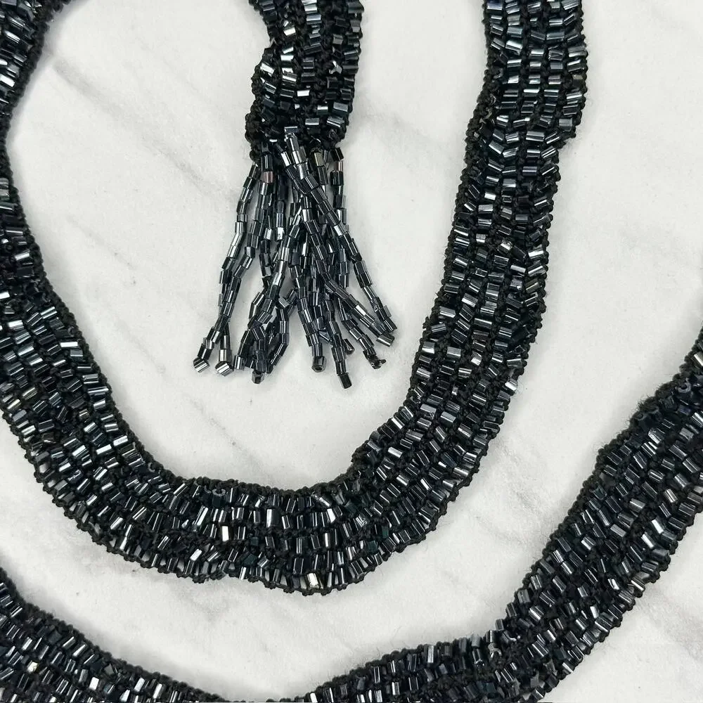 Black Beaded Tie Belt Fringe Tassel OS ✨